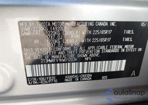 2019 Toyota Rav4 Hybrid Le z USA, uszkodzony, nr VIN 2T3MWRFV1KW012034